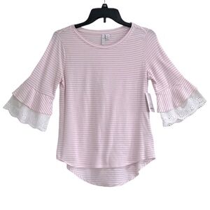 NWT Elle Pink & White Ladies Top with Eyelet Lace Sleeve Detail Size XS
